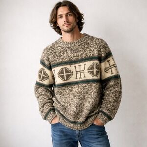 Nordic Brown Wool Sweater Fair Isle Geometric Knit Chunky Pullover Mens L XL